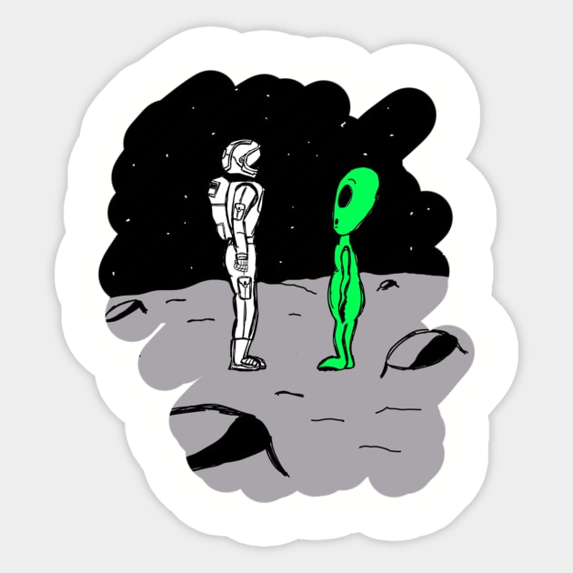 Alien meets astronaut Sticker by bowtie_fighter